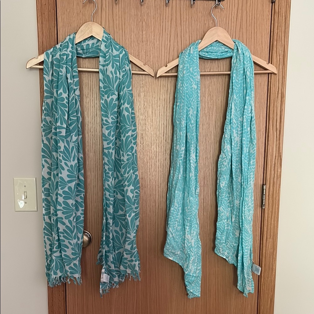 Two Boden Turquoise/Teal and White Floral and Abstract Pattern Scarves